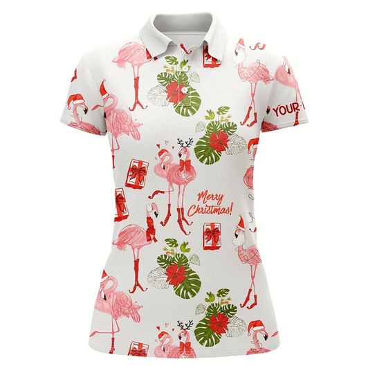 Goofygear Womens Golf Polo Shirt Custom Christmas Flamingo Golf Polos Shirt For Women, Christmas Golf Gifts