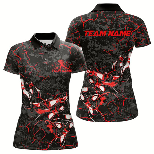 Goofygear Custom Black And Red Camo Bowling Team Polo Shirts For Women, Bowling League Shirt