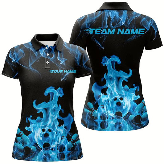 Goofygear Custom Black And Blue Flame Bowling Polo Shirts For Women, Bowling Team Shirt Outfits