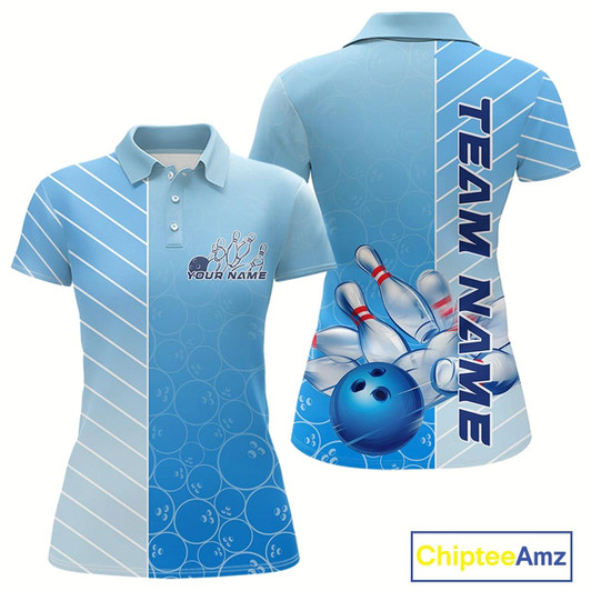 Goofygear Custom Gradient Blue Bowling Pattern Team Polo Shirts For Women, Bowling Tournament Shirt