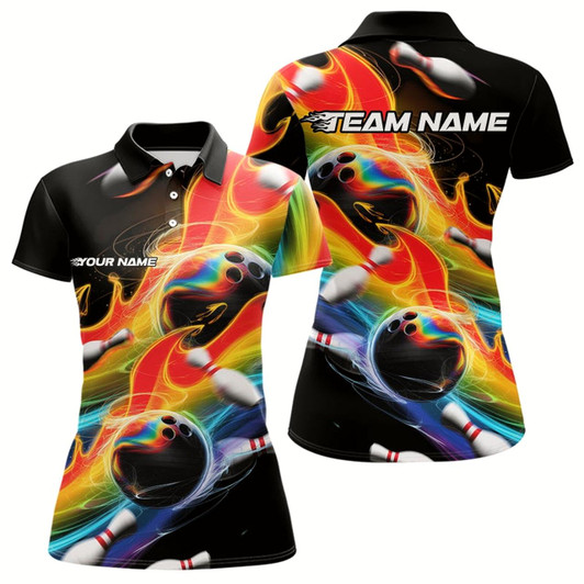 Goofygear Custom Rainbow Flame Bowling Team Polo Shirts For Women, Colorful Bowling League Shirt Style 3