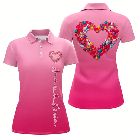 Goofygear Pink Bowling Heart Custom Valentines Bowling Polo Shirts For Women, Bowling Couple Shirt