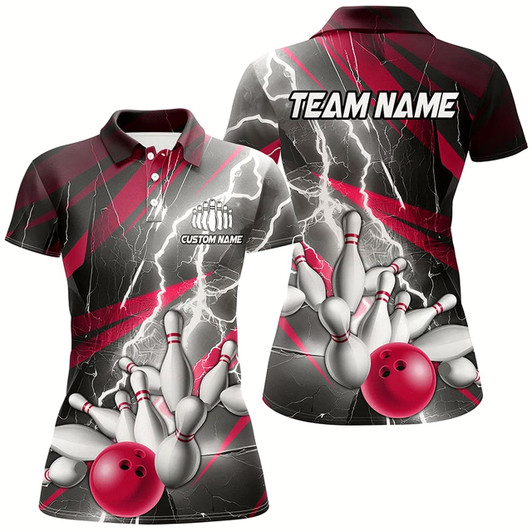 Goofygear Pink Lightning Strike Custom Bowling Polo Shirts For Women, Ladies Team Bowling Shirts