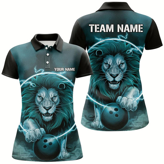 Goofygear Custom Lion Bowling Polo Shirts For Women, Ladies Bowling Shirts Bowling Uniform Blue