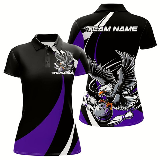 Goofygear Custom Black And Purple Eagle Bowling Women Polo Shirts, Eagle Bowling Team Jerseys