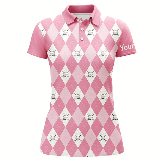 Goofygear Pink Argyle Plaid Pattern Womens Golf Polos Shirts Custom Golf Shirts For Women, Ladies Golf Polo