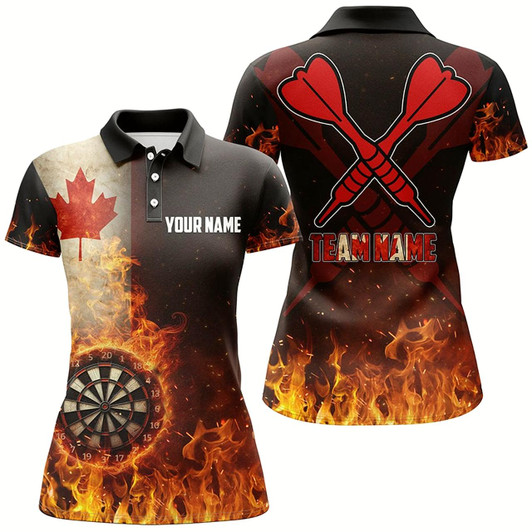 Goofygear Personalized Canada Flag Flame Dartboard Dart 3D Polo Shirt For Women, Patriotic Women Dart Jerseys