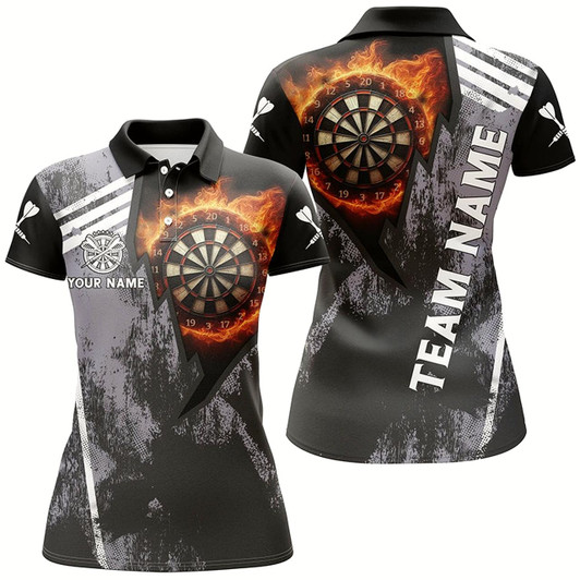 Goofygear Personalized Grunge Black Flame Dartboard Dart 3D Polo Shirt For Women, Custom Women Dart Jerseys