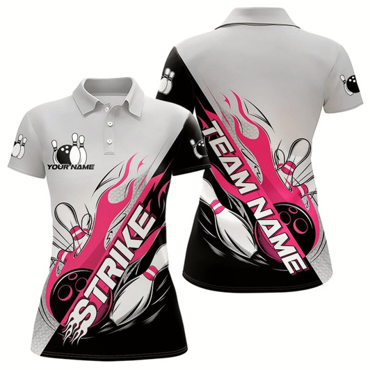 Goofygear Custom Pink Flame Strike Bowling Women Polo Shirts, Team Uniform Bowling League Shirt