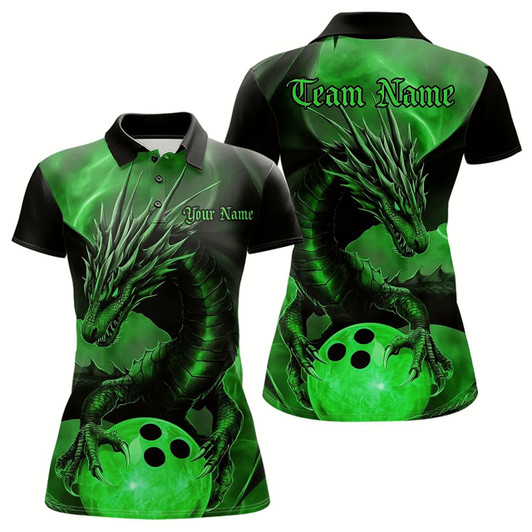 Goofygear Black And Green Custom Dragon Bowling Polo Shirts For Women, Dragon Bowling League Shirt
