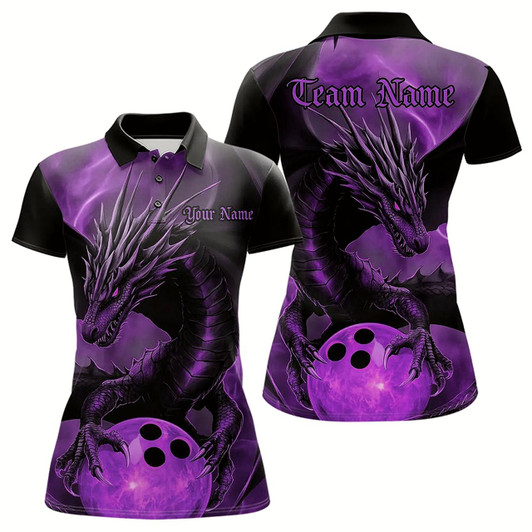 Goofygear Black And Purple Custom Dragon Bowling Polo Shirts For Women, Dragon Bowling League Shirt