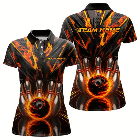 Goofygear Custom Flaming Bowling Polo Shirts For Women, Flame On Black Bowling Team Shirt Outfits
