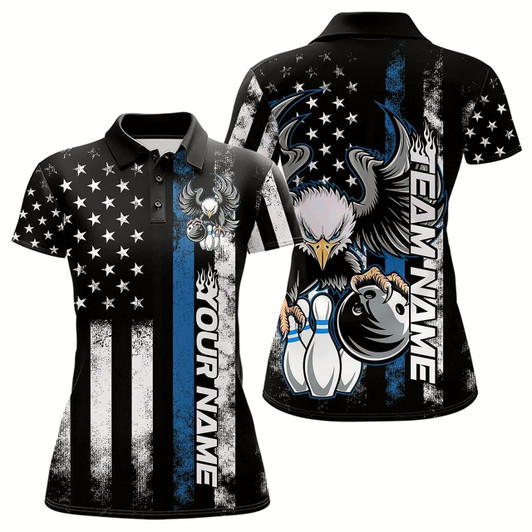 Goofygear Custom Blue Thin Line American Flag Eagle Bowling Women Polo Shirts, Patriotic Us Bowling