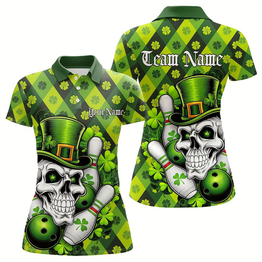 Goofygear Custom St Patricks Day Skull Bowling Polo Shirt For Women, Green Shamprock Lucky Team Shirt
