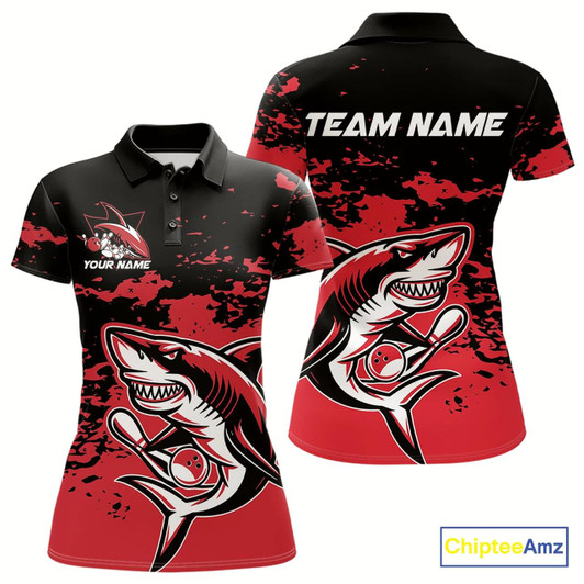 Goofygear Custom Black And Red Camo Shark Bowling Team Women Polo Shirts, Bowling Tournament Shirt