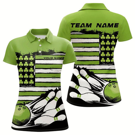 Goofygear Custom Saint Patricks Bowling Polo Shirts For Women, Shamrock Flag Us Bowling Team Shirt Style 1