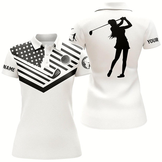 Goofygear Womens Golf Polo Shirt Black American Flag Custom Name Patriotic White Golf Shirt