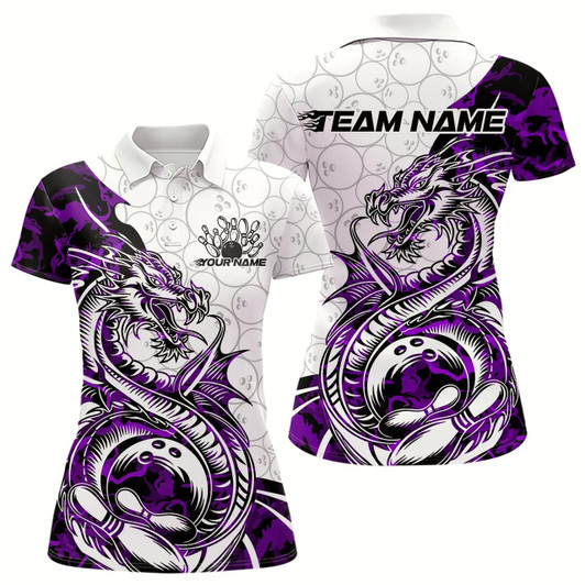 Goofygear Custom Purple Camo Dragon Bowling Tattoo Women Polo Shirt, Dragon Bowling League Team Shirt
