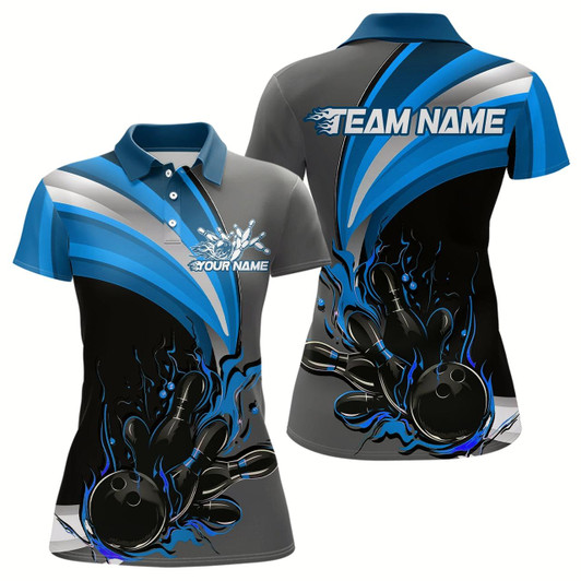 Goofygear Custom Black, Blue And Gray Flame Bowling Polo Shirt For Women, Bowling Team League Shirt