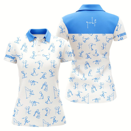 Goofygear Womens Golf Polo Shirts Custom Name Funny Golf Pattern, Blue Polo Shirt Golf Outfit Women Golf Tops