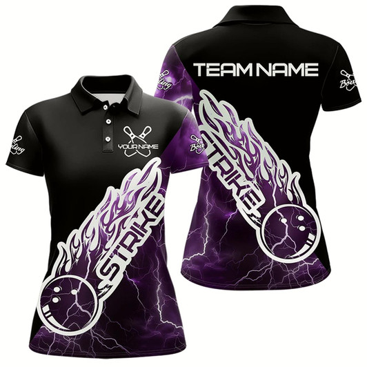 Goofygear Custom Black And Purple Thunder Lightning Strike Bowling Polo Shirts For Women Team Shirt