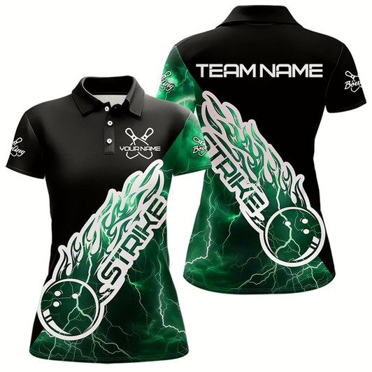 Goofygear Custom Black And Green Thunder Lightning Strike Bowling Polo Shirts For Women Team Shirt