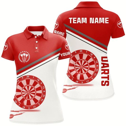 Goofygear Red White Womens Darts Polo Shirt With Name Customized Darts Shirts For Women Dart Jerseys