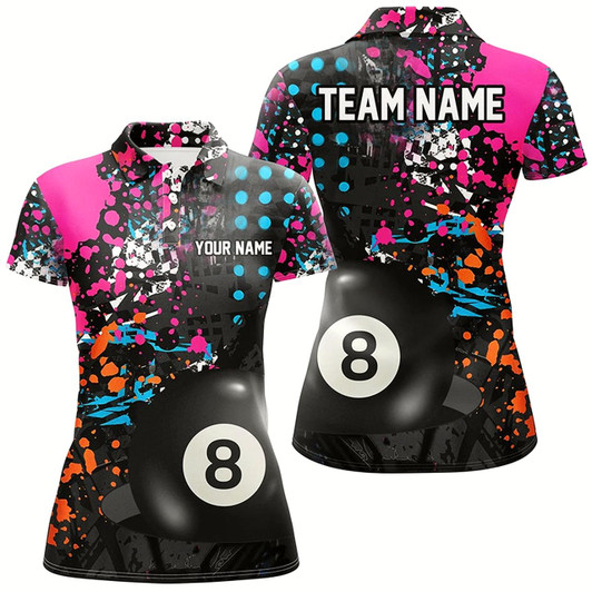 Goofygear Personalized 8 Ball Pool Grunge Colorful Women Billiard Polo Shirts, Custom Billiards Pool Shirts