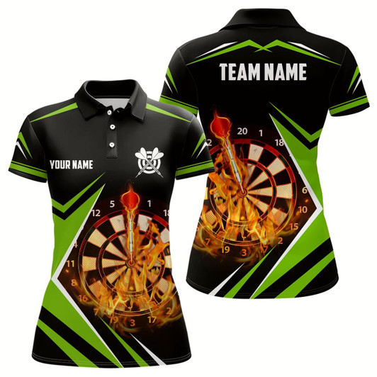 Goofygear Black Green Fire Flame Womens Darts Polo Shirt Custom Darts Shirt For Women Dart Jerseys