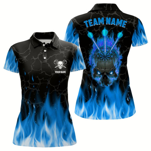 Goofygear Blue Flame Skull Womens Darts Polo Shirt Custom Scary Darts Shirt For Women Dart Jerseys