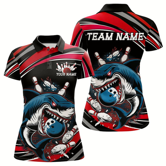 Goofygear Black And Red Custom Shark Bowling Team Polo Shirts For Women, Shark Bowling League Shirt
