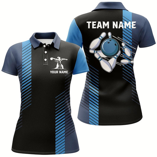 Goofygear Black And Blue Bowling Shirt For Women Custom Womens Bowling Polo Shirts, Team Bowling Jerseys