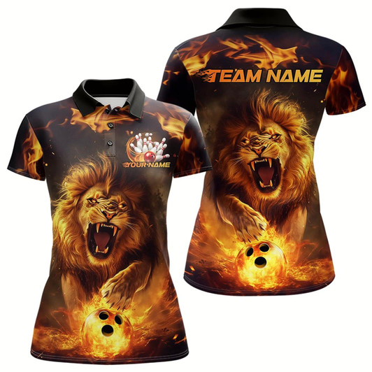Goofygear Custom Fire Flame Lion Bowling Polo Shirts For Women, Bowling League Shirt Team Uniform