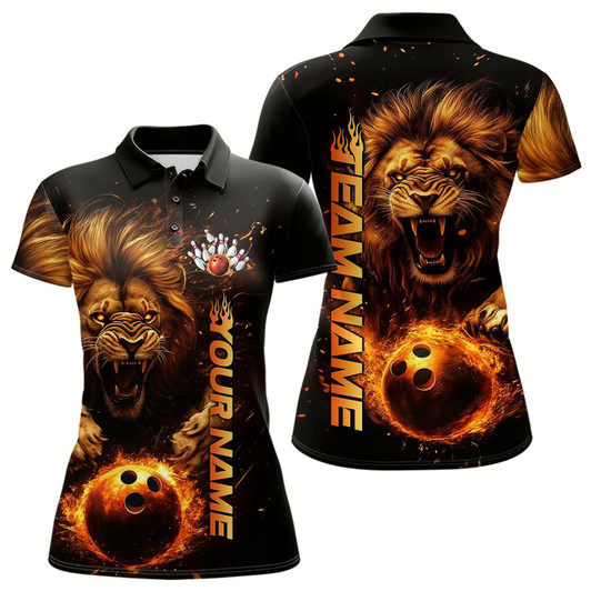 Goofygear Custom Fire Flame Lion Bowling Team Polo Shirts For Women, Lion Bowling Tournament Shirt