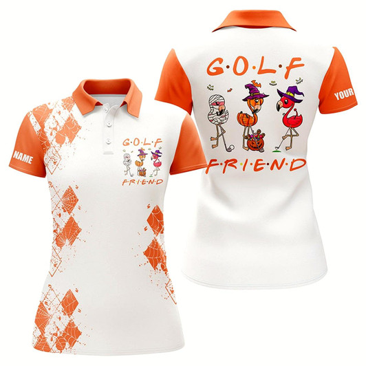 Goofygear Funny Halloween Golf Shirt Custom Name Women Golf Polo Shirt - Flamingo Golf Friend Halloween Shirt