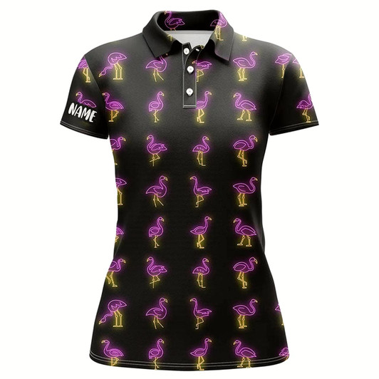Goofygear Black Womens Golf Polo Shirt Pink Neon Flamingos Pattern Custom Flamingo Golf Polo Shirts For Team