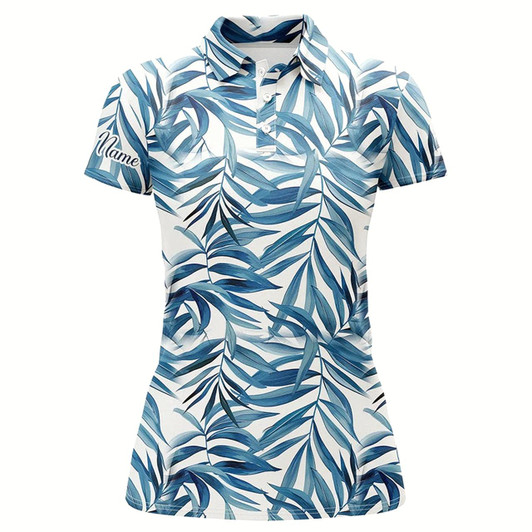 Goofygear Blue Tropical Pattern Women Golf Polo Shirts Custom Golf Wear For Ladies, Golf Team Polo Shirts