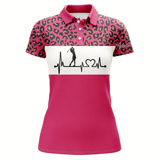 Goofygear Womens Golf Polo Shirt Golf Heartbeat Custom Name Leopard Golf Shirt, Golfing Gifts For Women