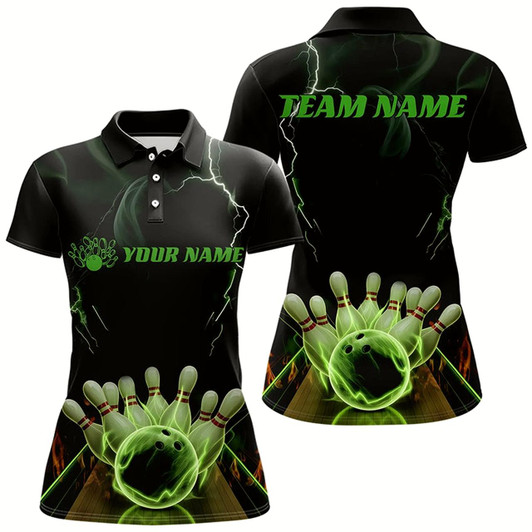 Goofygear Black And Green Thunder Lightning Custom Bowling Polo Shirts For Women, Bowling Team Uniform