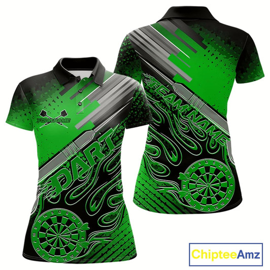 Goofygear Custom Black And Irish Green Flame Dartboard Dart Polo Shirts For Women, Dart Uniform