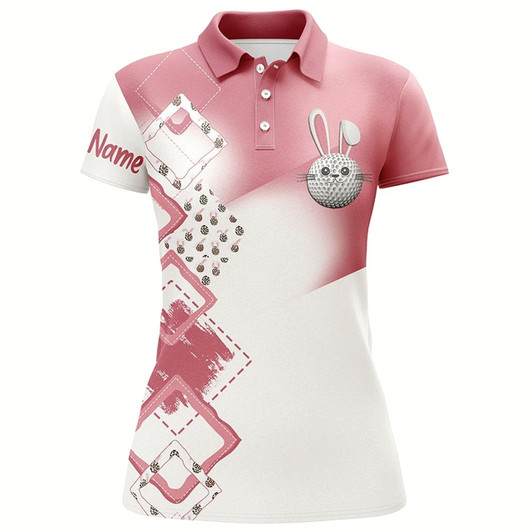 Goofygear Womens Golf Polo Shirt Custom Name Pink Easter Eggs Bunny Golf Shirts, Easter Golfing Gifts For Women