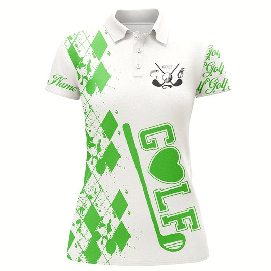 Goofygear Womens Golf Polo Shirt Custom Name Green Golf Clubs White Golf Shirt For Women, Gifts For Golf Lovers