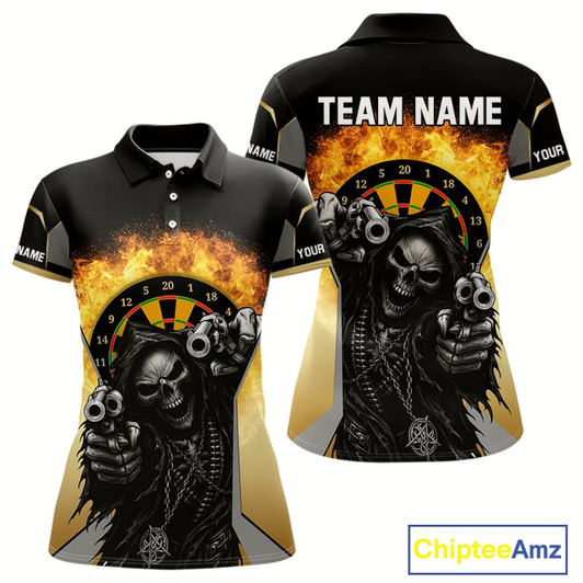 Goofygear Skeleton & Flame Dartboard Custom Darts Polo Shirt For Women - Darts Team Jersey