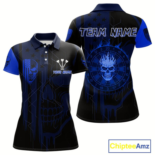 Goofygear Custom Darts Team Polo Shirt For Women Blue Flame Dartboard - Darts Jersey
