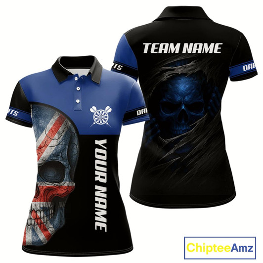 Goofygear Blue Skeleton & Dartboard Custom Polo Darts Shirt For Women - Darts Team Jersey
