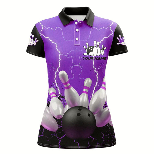 Goofygear Purple Lightning Women Bowling Polo Shirts, Custom Team League Bowling Shirts Female Bowling Uniform