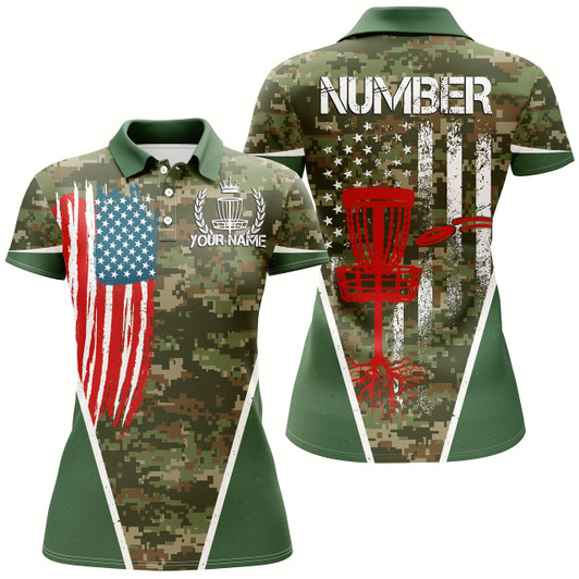 Goofygear Green Camouflage Vintage Usa Flag Disc Golf Polo Shirt Patriotic Disc Golf Shirts For Women