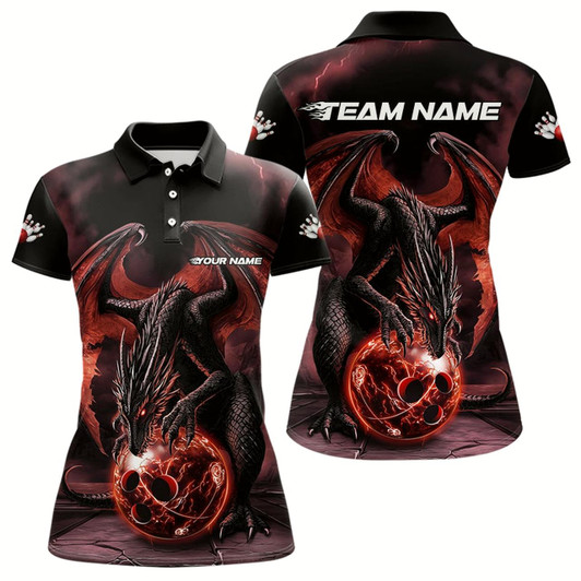 Goofygear Black And Orange Custom Bowling Team Polo Shirts For Women, Dragon Bowling League Shirts