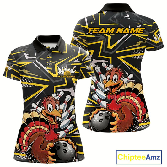 Goofygear Custom Funny Turkey Bowling Jerseys, Yellow Thanksgiving Bowling Team Women Polo Shirt