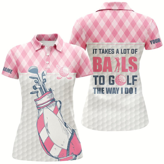 Goofygear Women Golf Polo Shirt It Takes A Lot Of Balls To Golf Custom Pink Argyle Pattern Golf Shirts For Women